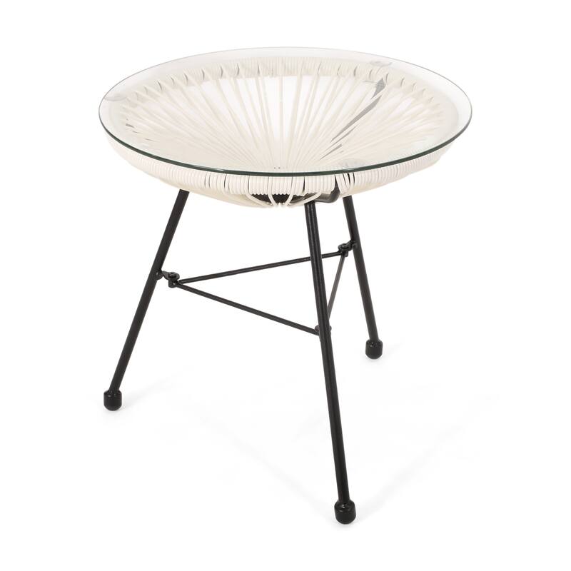 Roomfitters Nusa Outdoor Modern Rattan Side Table with Tempered Glass Top, Round Patio Accent Table, White