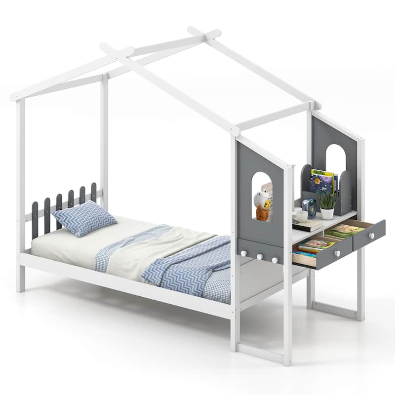 Gymax Twin Size Kids House Bed w/ Study Desk & Removable Box Drawers