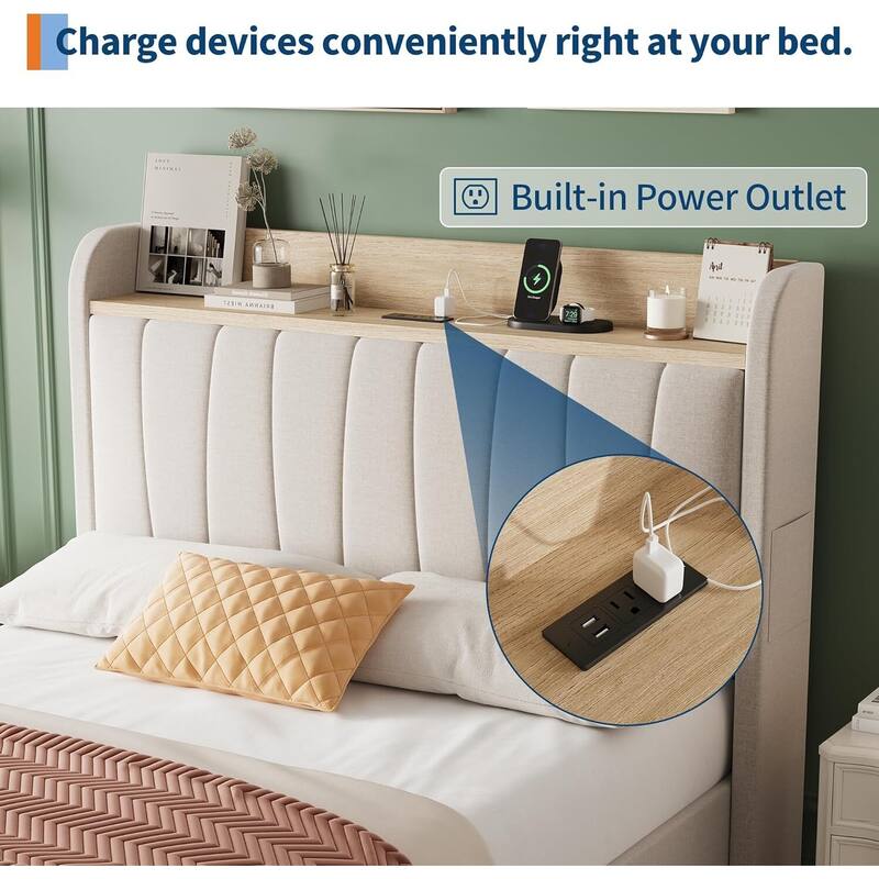 Upholstered Platform Beds with Drawers, Storage Headboard, Charging Station, Beige