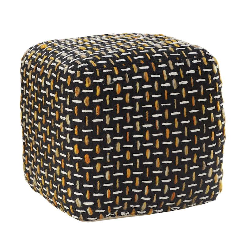 16" Gold and Black Geometric Interwoven Square Pouf Ottoman