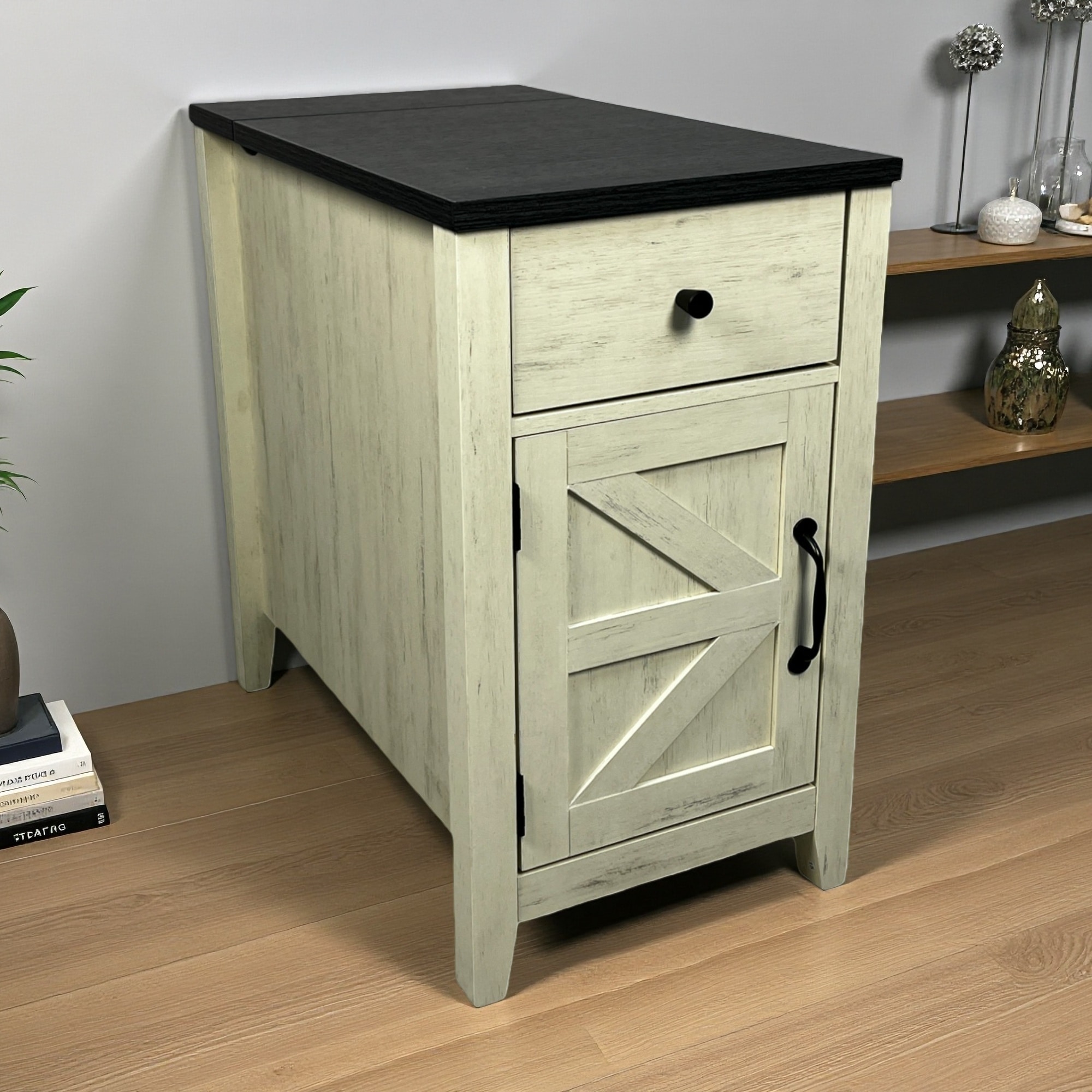 13.78"L Particleboard Farmhouse End Table with Charging Station, Barn Door Nightstand with Drawer & Storage Cabinet