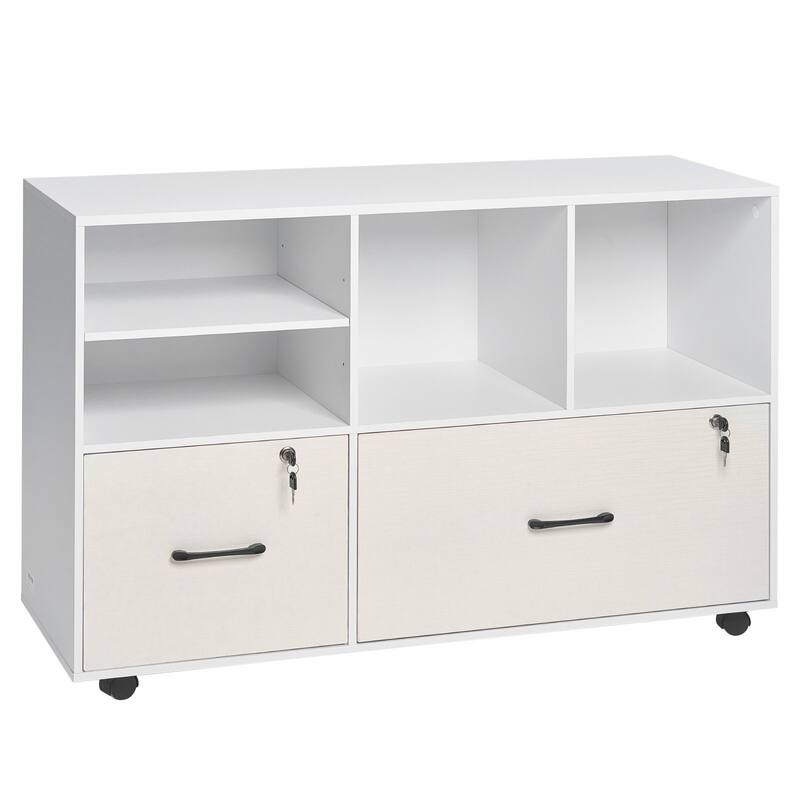 White Particle Board Mobile File Cabinet with 2 Lockable Drawers 4 Shelves and Casters