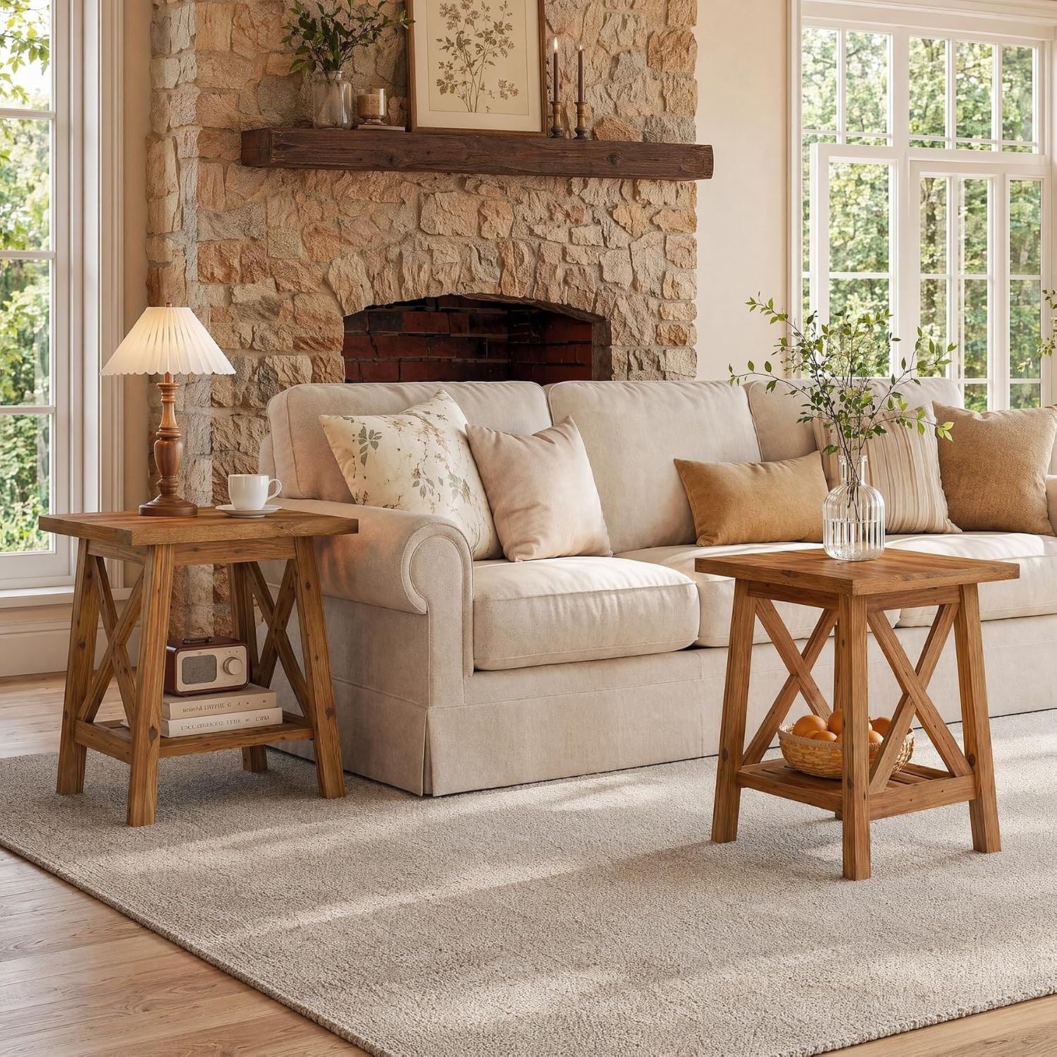 19.7-Inch Solid Wood End Table, 2-Tier Farmhouse Side Table