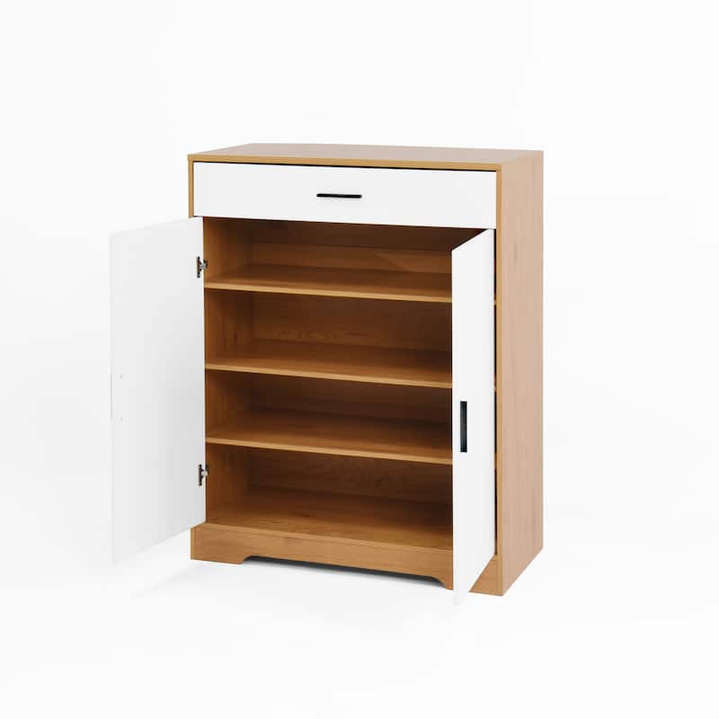 Freestanding Wooden Shoe Cabinet, 4-Tier Shoe Rack Organizer, Shoe Cabinet with Drawer, 2 Door & Adjustable Shelves