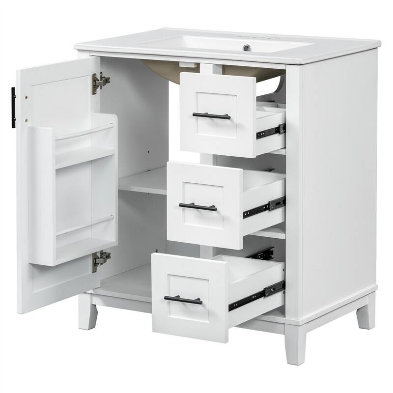 30'' Bathroom Vanity with Ceramic Sink, Freestanding Bathroom Vanity Cabinet with 3 Drawers, 1 Soft Close Door and Storage Rack