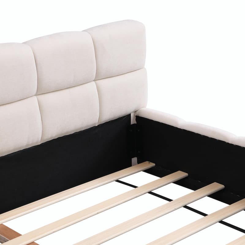 Elegant Beige Chenille Upholstered Bed with Checkerboard Pattern