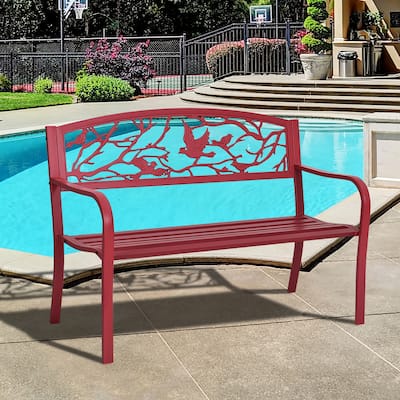 Elegant Outdoor Metal Park Patio Yard Bench with Armrest and Backrest
