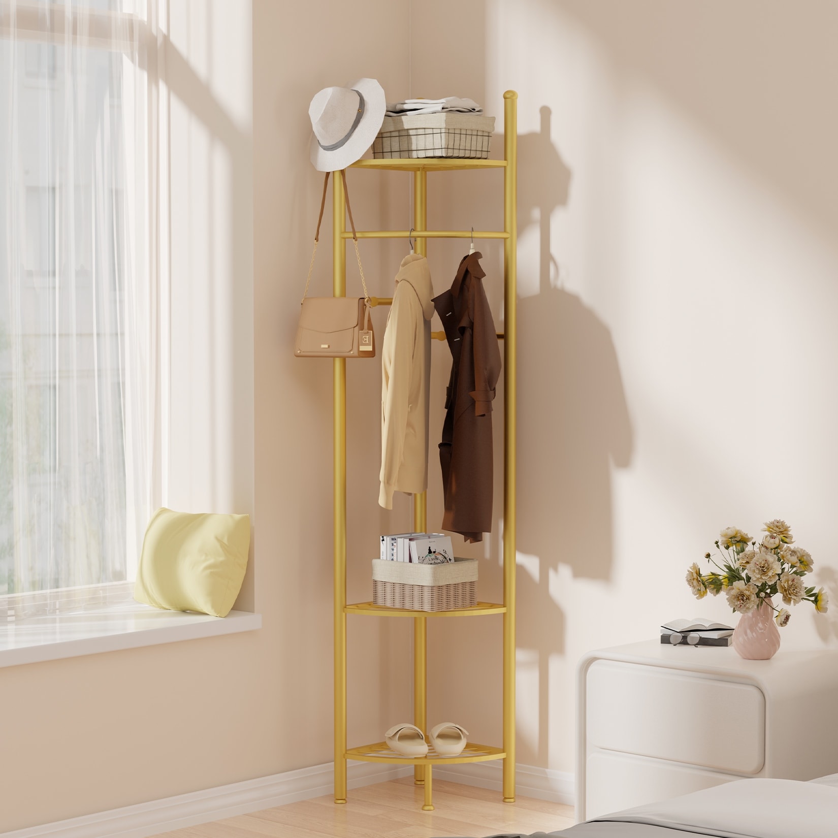 Metal Corner Floor Shelf Entryway Coat Rack Storage Display Rack - 18"x69"