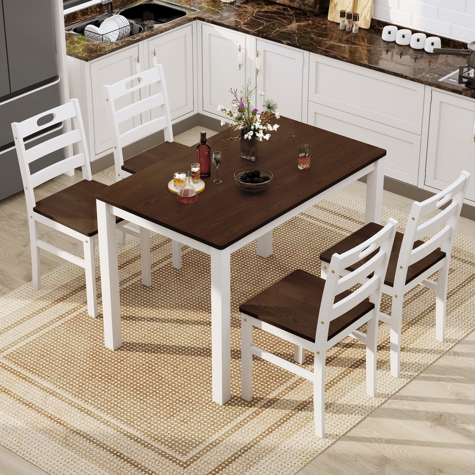 Classic Farmhouse 4 Pieces Dining Set, Solid Wood Kitchen Table and Chairs
