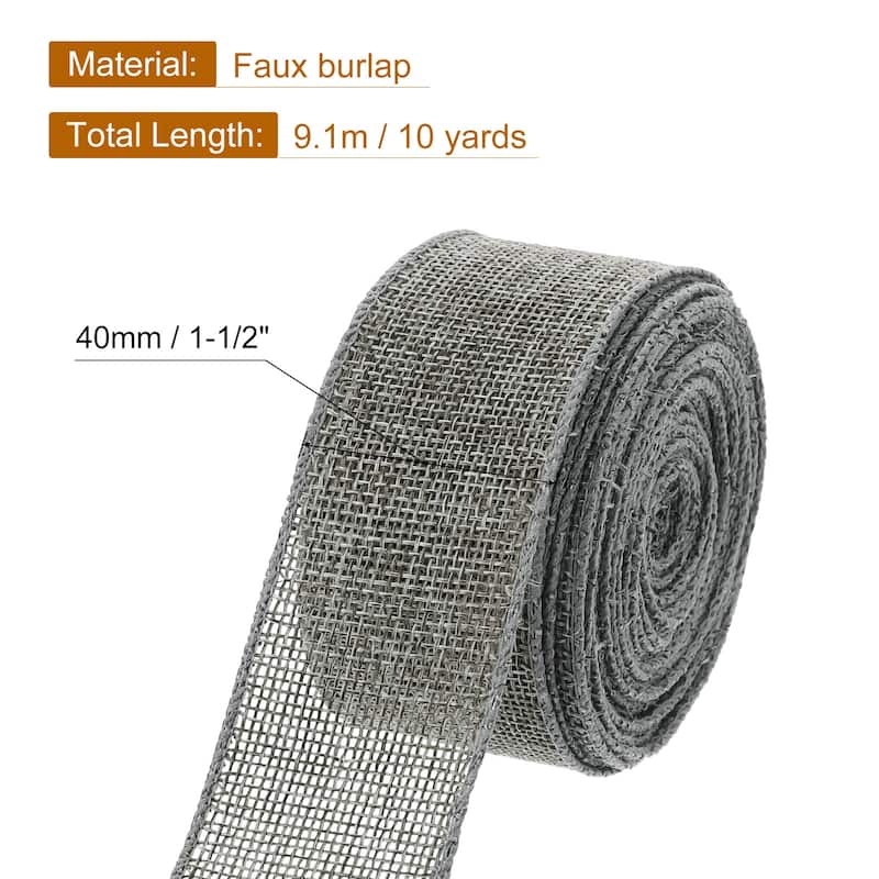 Burlap Wired Ribbon, 10 Yards Fabric Ribbon Roll - Gray - 1.5"