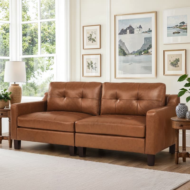 3-Seater Genuine Leather Tufted Sofa for Living Room - Cognac