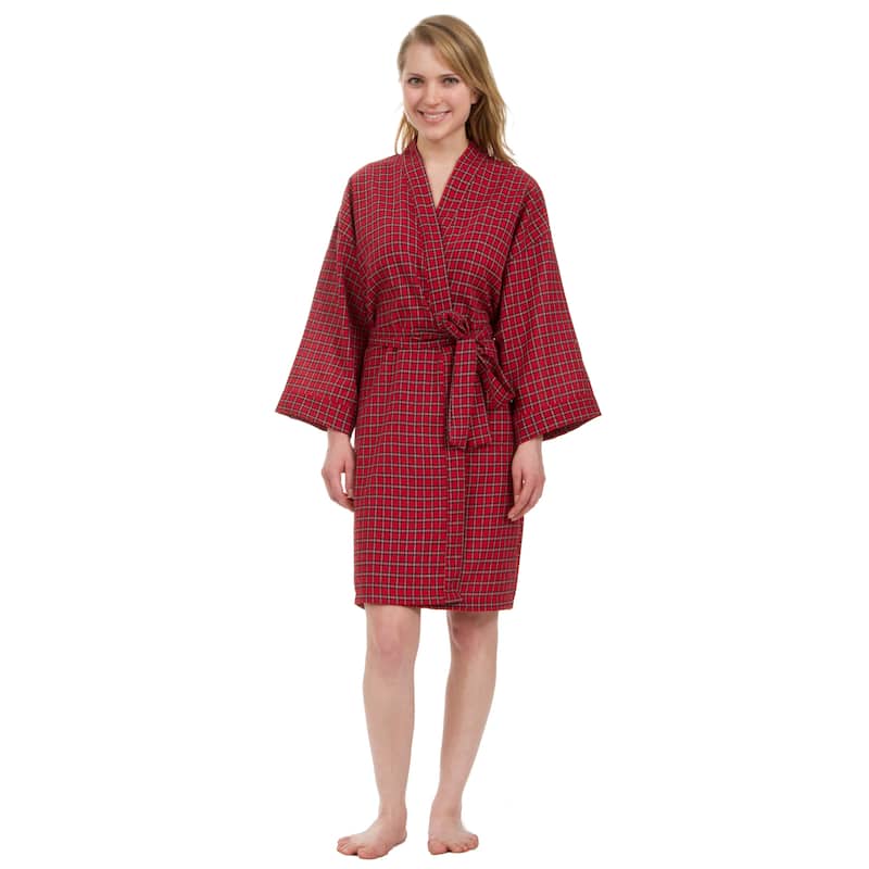 Leisureland Women's Knee Length Red Plaid Robe