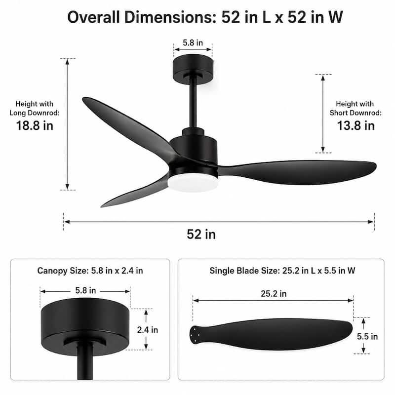 Airsurfer 52 in LED Ceiling Fan with Light, 3 Blades, Remote Control, 6 Speeds