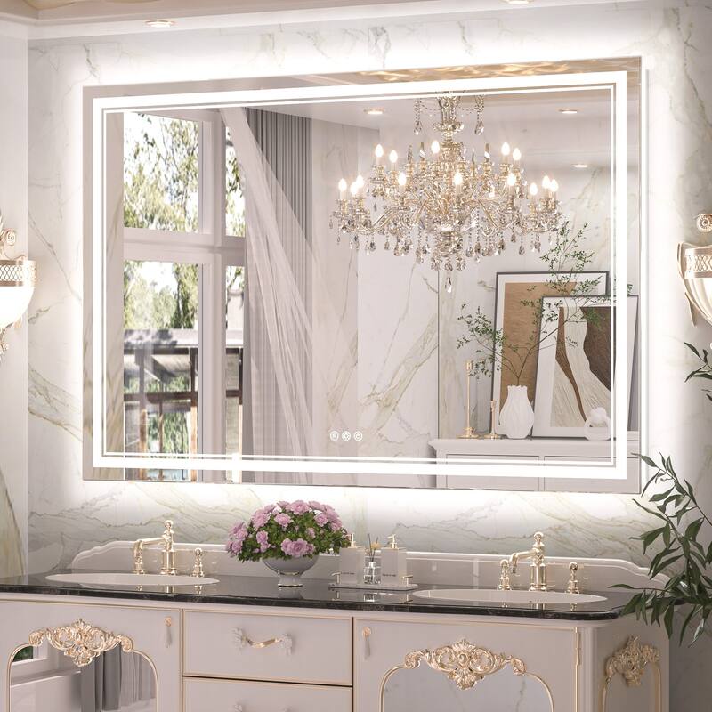 Keonjinn Rectangular Front Light & Backlit,LED Bathroom Vanity Mirror, 3 Color Temperatures, Anti Fog - 60''x40''