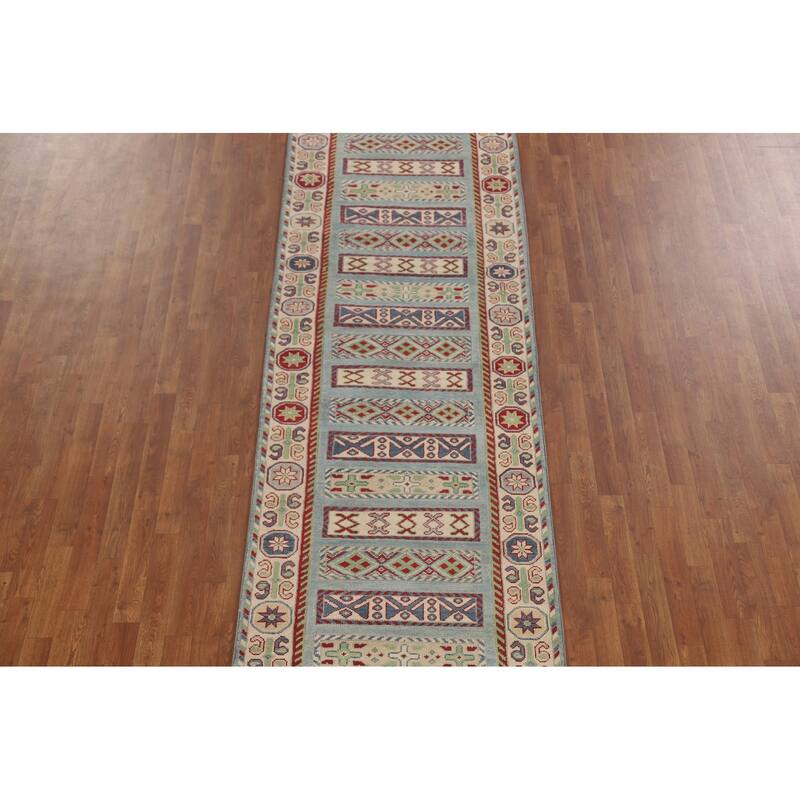 Light Blue Kazak Runner Rug Hand-Knotted Geometric Wool Carpet - 3'4" x 16'0"