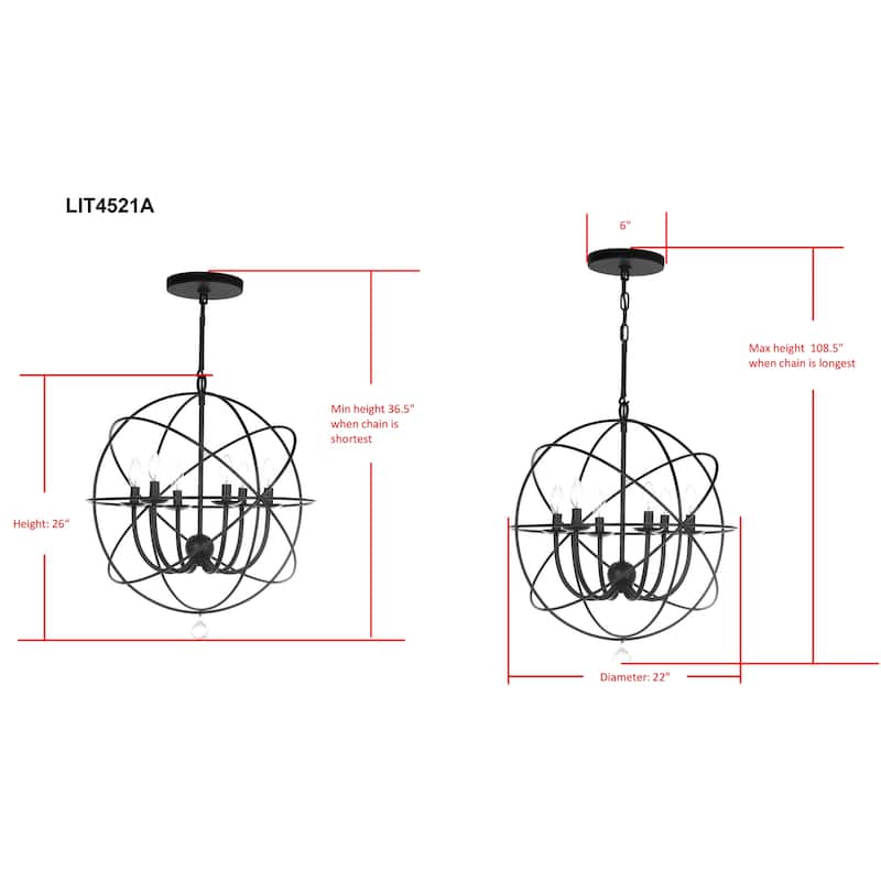 SAFAVIEH Lighting Uliya 6-Light Black/ Clear Adjustable Chandelier - 22"x22"x36.5-108.5" - Black