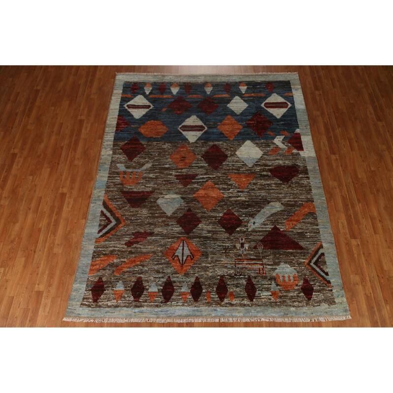 Tribal Geometric Moroccan Oriental Wool Area Rug Hand-knotted Carpet - 7'9" x 9'8"