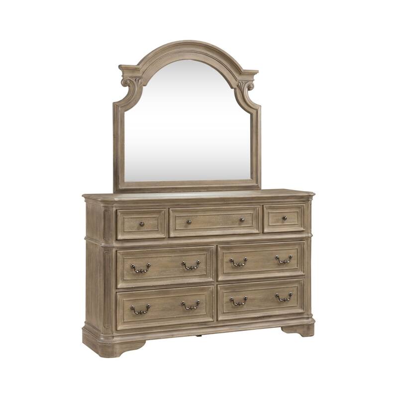 Magnolia Manor Upholstered Bed, Dresser and Mirror, and Nightstand Set