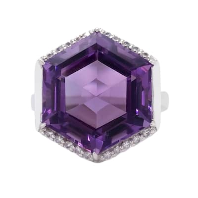 925 Sterling Silver Brazilian Amethyst, White Natural Zircon Hexagon Cut Ring