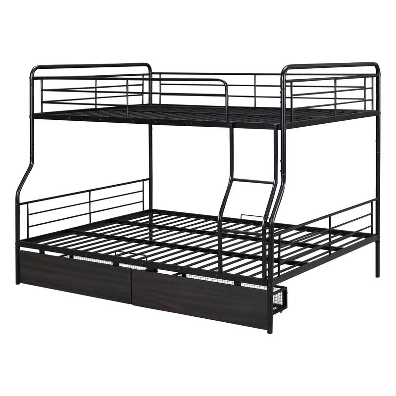 Full XL Over Queen Metal Bunk Bed with Drawers and Guardrail, Convertible to Two Beds