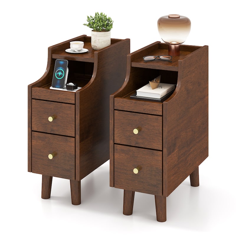 Gymax 2PCS Solid Wood End Table w/Pull-out Tray & 2 Storage Drawers - Brown - Wood