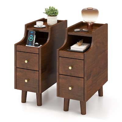 Gymax 2PCS Solid Wood End Table w/Pull-out Tray & 2 Storage Drawers