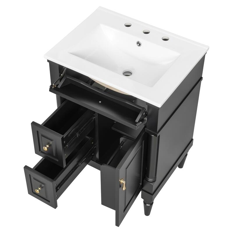 Roomfitters 24" Bathroom Vanity with Sink, Solid Wood Frame, Flip Drawer, 2 Drawers & Door Rack