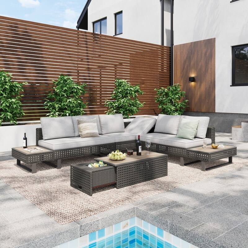 5-Piece Weave Patio Sectional Furniture Set with Extendable Coffee Table with Ice Bucket