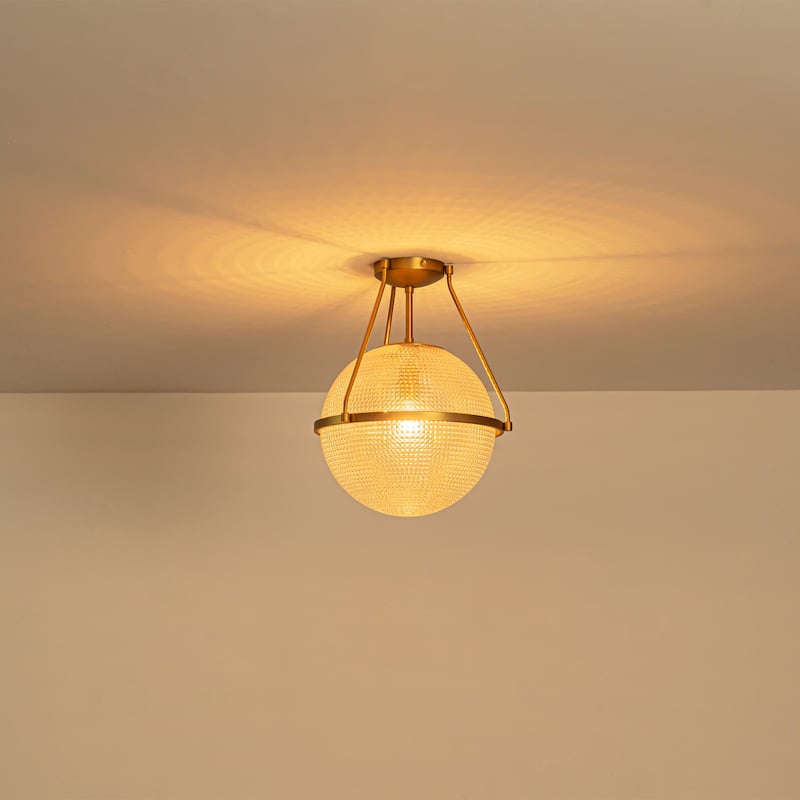 1-Light 14.17" Black/Gold Modern Textured Grid Glass Globe Semi-Flush Mount Light