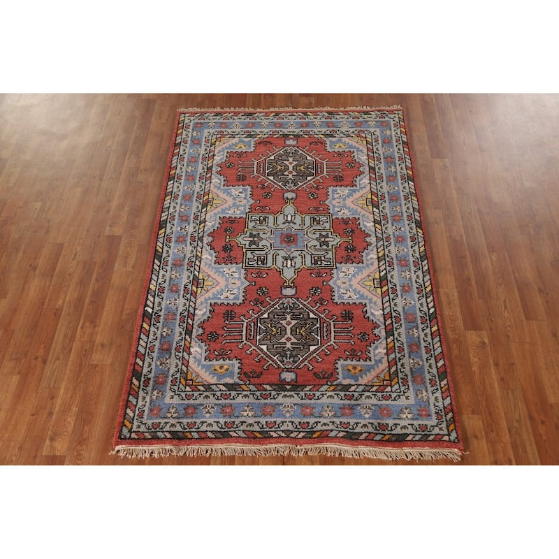 Geometric Heriz Serapi Indian Rug Hand-Knotted Wool Carpet - 4'0"x 6'0"