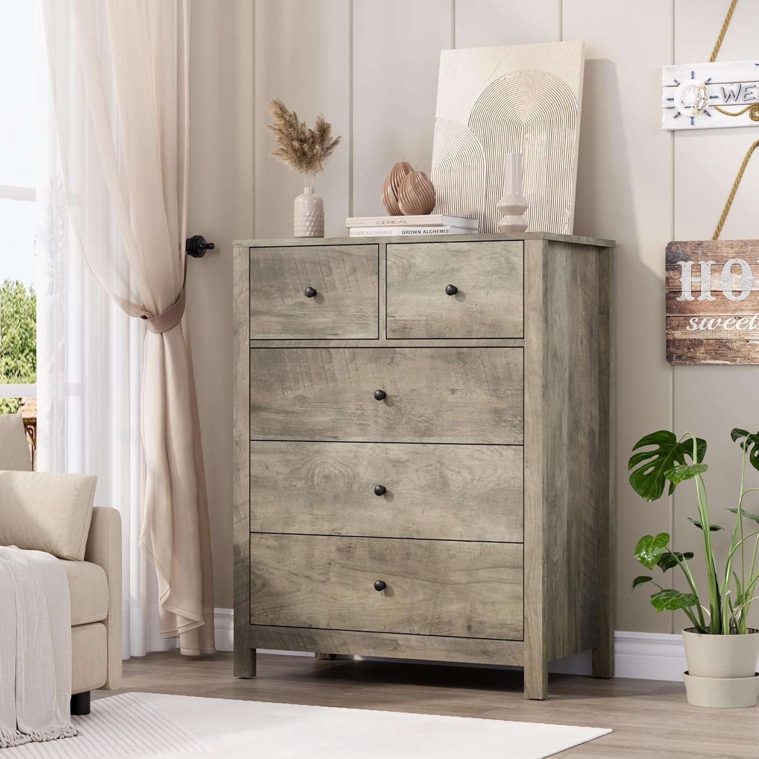 Gray 5-Drawer Chest with Column Legs, Modern Storage