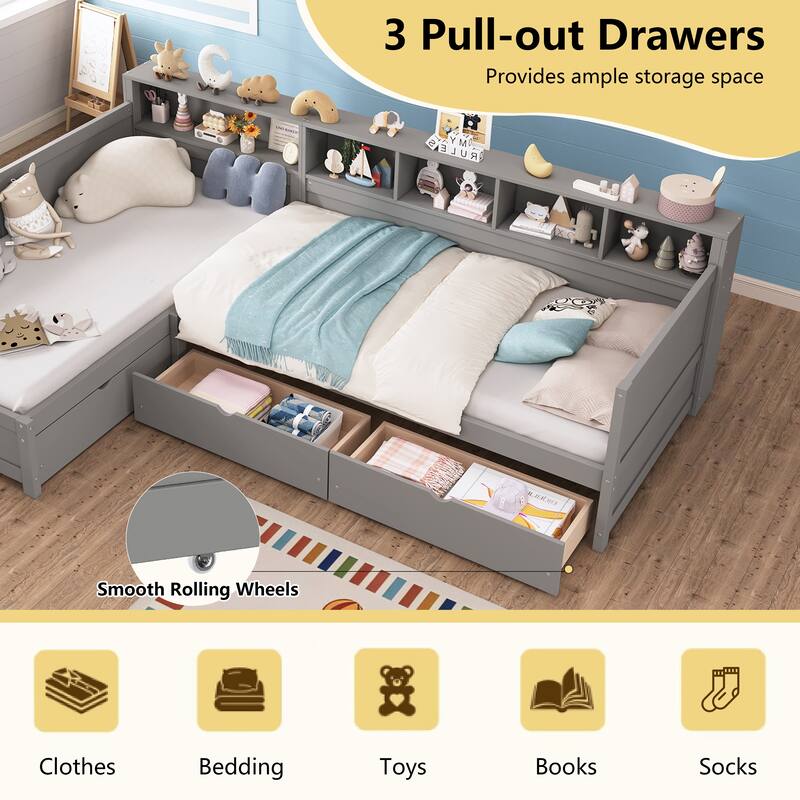Twin Size L-Shape Daybed with 3 Pull-out Drawers, Wooden Corner Bed Frame with Storage Bookshelf