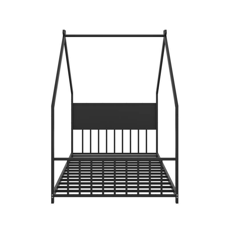 Twin Size Canopy House Bed with LED Lights, Metal Frame for Kids & Teens, No Box Spring Needed (Black)