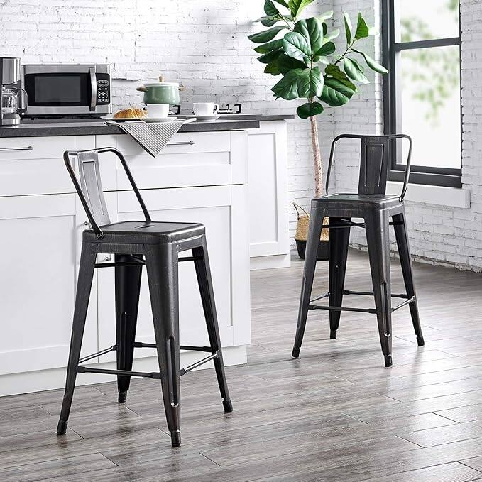 Industrial Metal Bar Stools Set of 2 Bucket Back 4 Leg Design 24in Seat Distressed