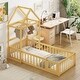 preview thumbnail 16 of 15, Natural Twin Size Wooden Floor Bed with Fence Railings and Detachable Headboard, Kids Dress Up Rack, Playhouse Frame