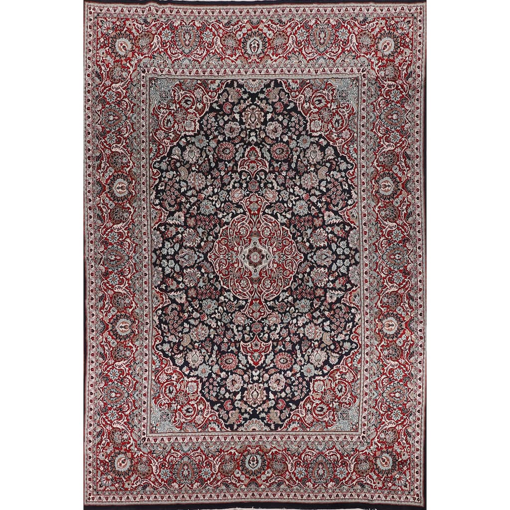 Navy Blue Kashan Turkish Area Rug Machine Made Carpet - 9'5" x 12'9"