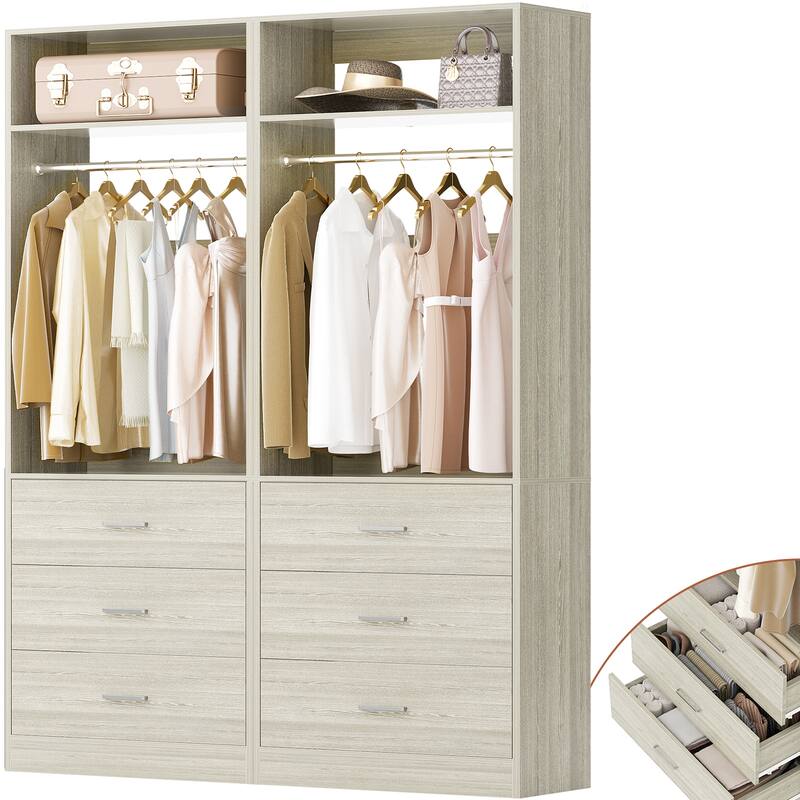 Kyrvo Freestanding Closet Sytem with 3 Wooden Drawers and Hanging Rod and Storage Shelf, Walk-in Closet Organizer Wardrobe