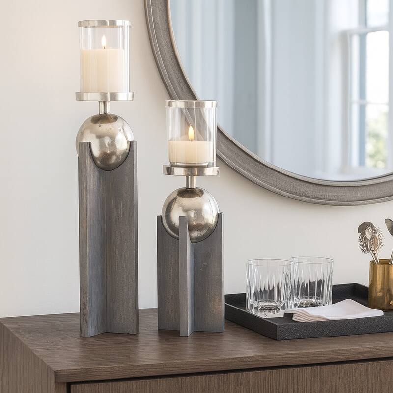 Candle Holders Set of 2 - Gray Wood Metal Sphere, 15/19" - 19.0"