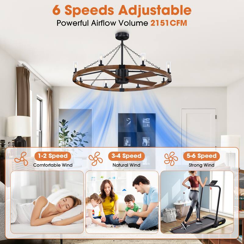 52" Farmhouse Black Wagon Wheel Caged Chandelier Ceiling Fan with Light and Remote
