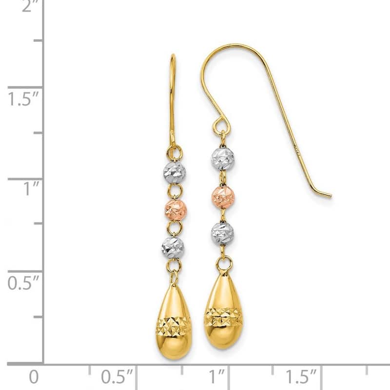 Curata 14k Tri Color Gold 39x5mm Faceted Puff Teardrop and Bead Dangle Earrings