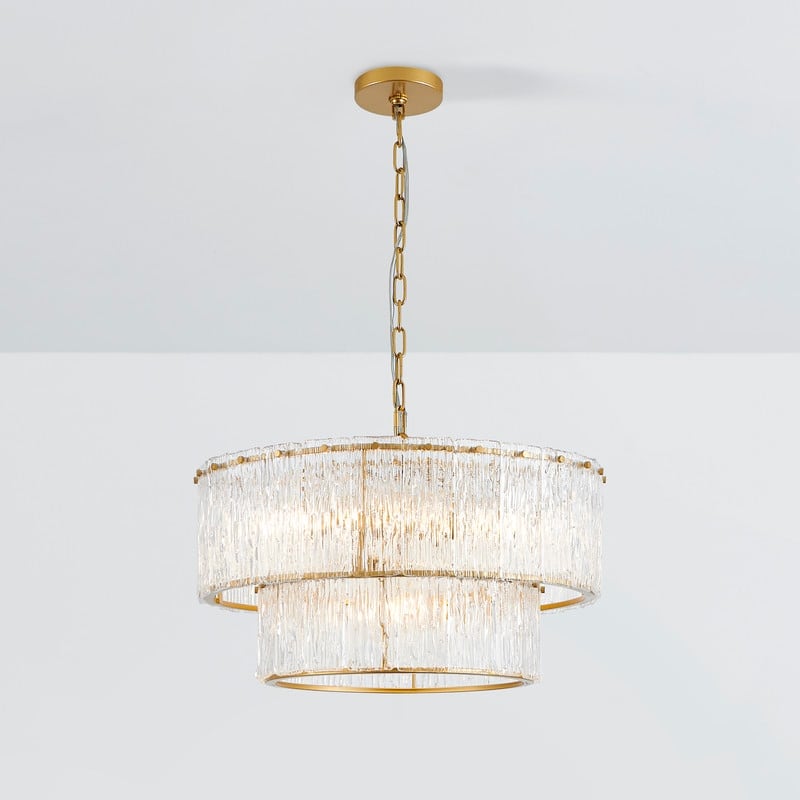 KAWOTI 2-Tier Modern Glam Chandelier with Textured Glass