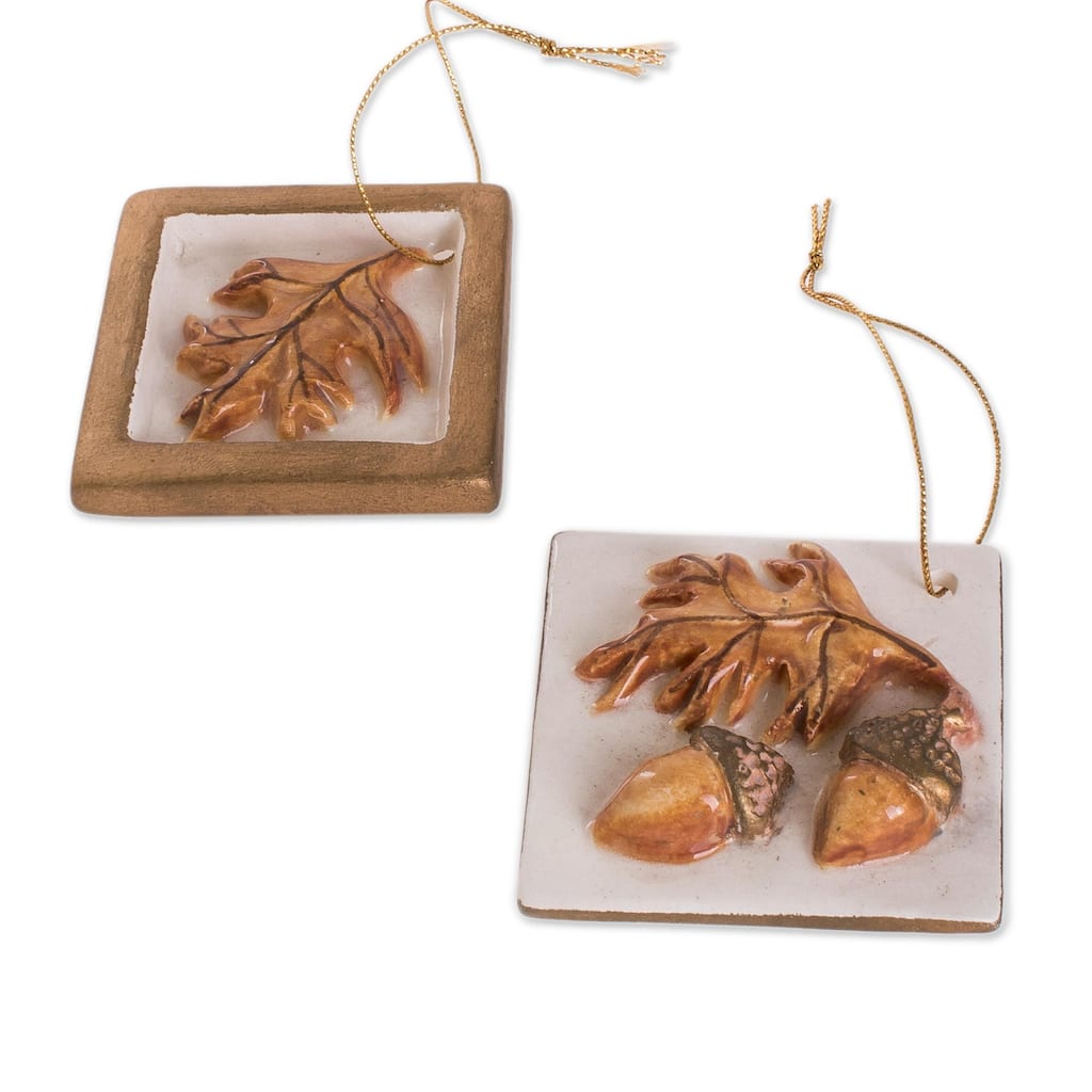 Novica Handmade Acorn Leaves In Gold Ceramic Ornaments (Set Of 4)
