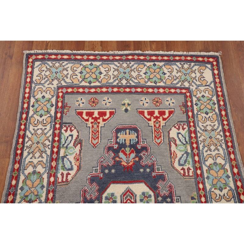 Geometric Kazak Accent Rug Handmade Grey Wool Carpet - 3'1" x 5'1"