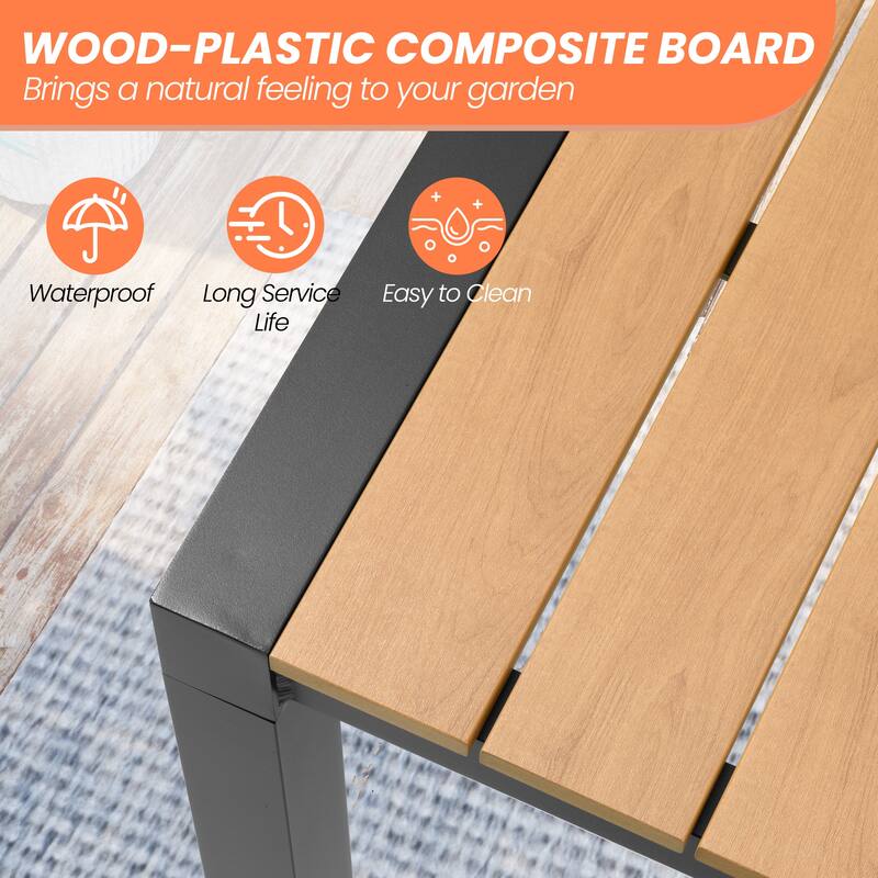 Set of 11 Outdoor Patio Dining Set WoodLike Table Top Aluminum Rectangular Umbrella Hole Table with Folding Teak Armrest Chairs