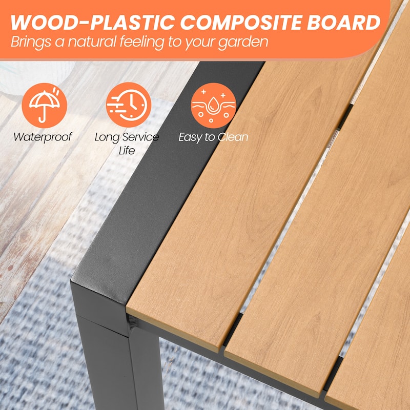 Set of 9 Outdoor Patio Dining Set WoodLike Aluminum Umbrella Hole Table with Rattan Chairs, Market Umbrella and Wheel Base