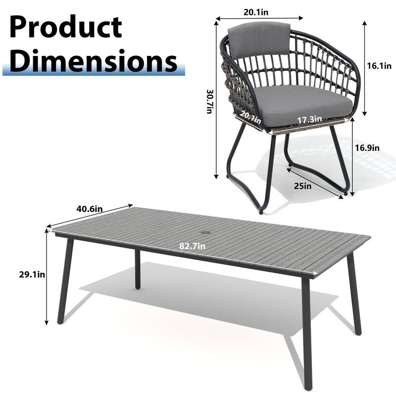 7-Piece Outdoor Patio Dining Set Wood-Like Table Top Alumium Umbrella Hole Table with PE Rattan Chairs