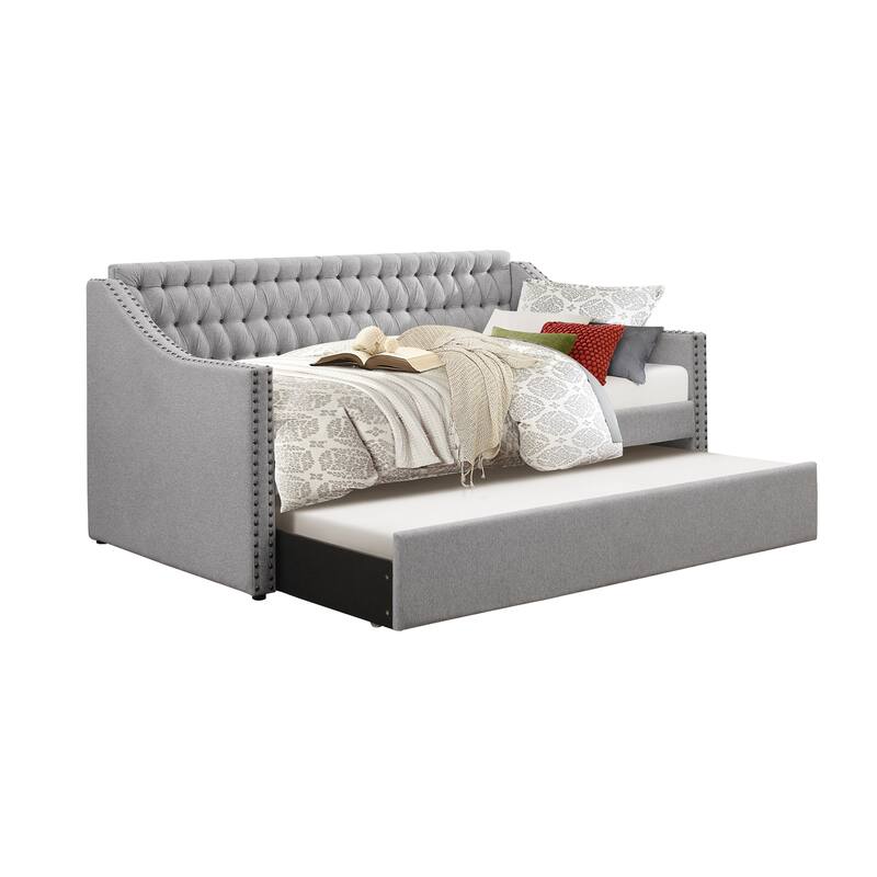Modern Design Gray Fabric Upholstered 1pc Sofa Bed w Trundle Button-Tufted Detail Nailhead Trim Daybed Wooden Furniture - Gray