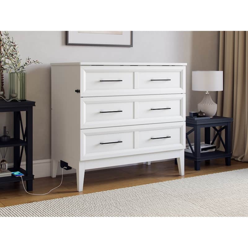 Twin Murphy Bed with Storage Chest & Charger - Solid Wood Folding Bed - Space Saving Furniture