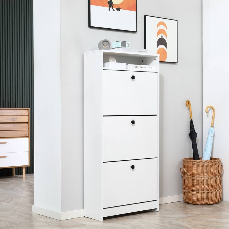 Slim Shoe Cabinet, Trendy Shoe Storage Cabinet with 3 Large Fold-Out Drawers & a Spacious Top Surface for Small Items