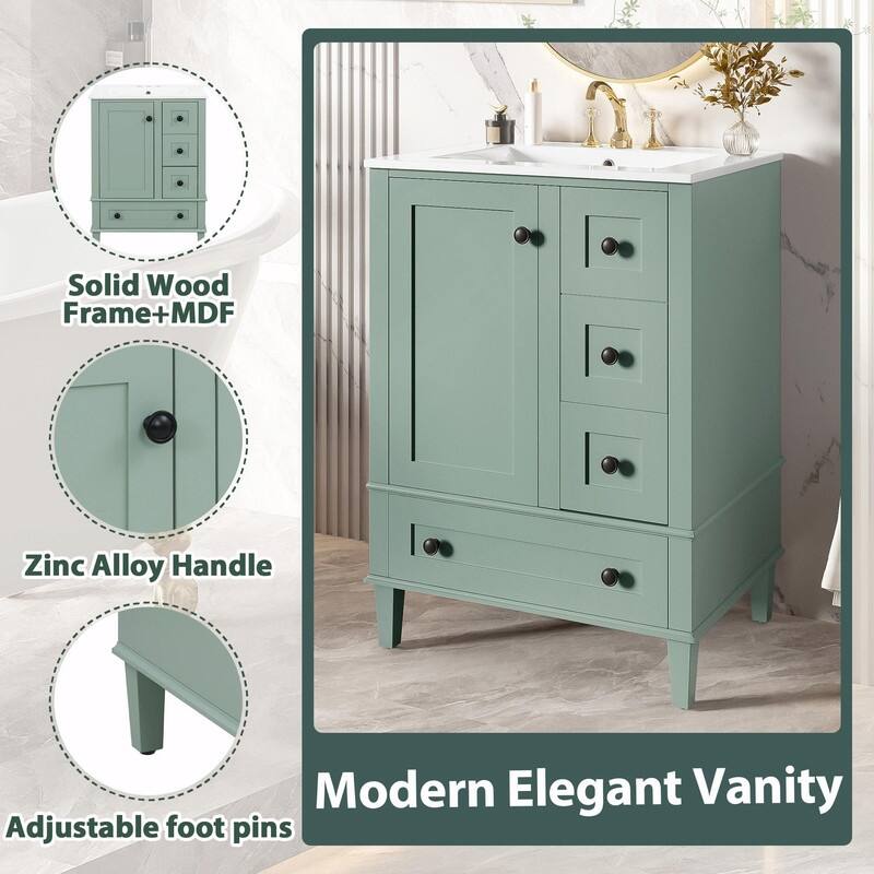 24" Bathroom Vanity with Ceramic Sink, Soft-Close Drawers, Soft-Close Door & Door-Mounted Shelf